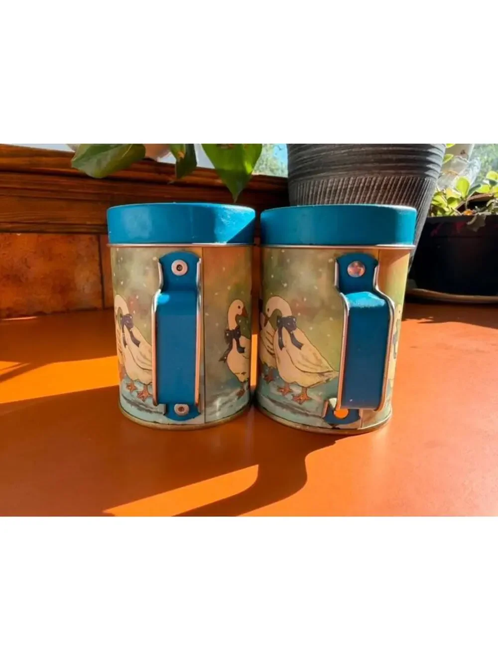 Vintage Goose Duck Flour Sugar Shaker Set Metal Kitchen Canisters Blue Farmhouse